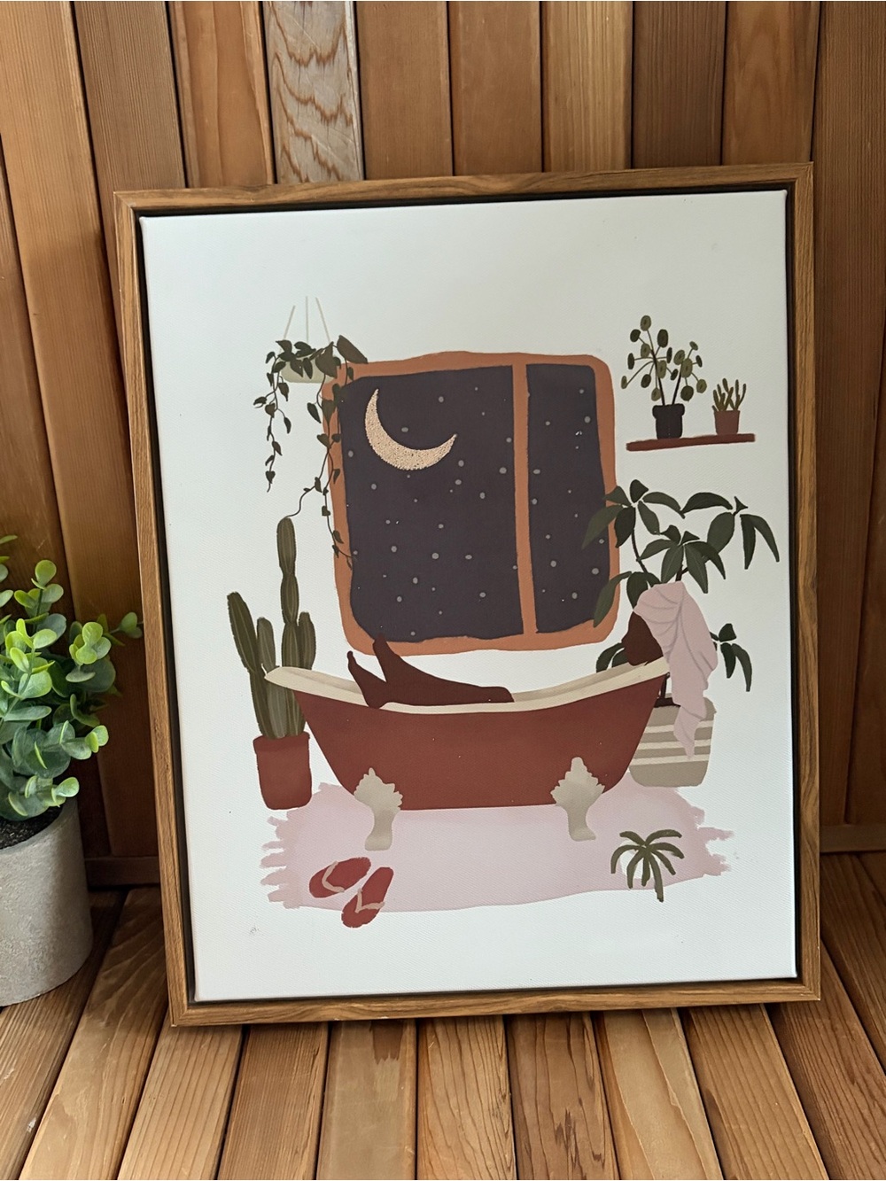 Boho Bathtub, Plants, + Self Care Framed Wood Canvas Wall Art